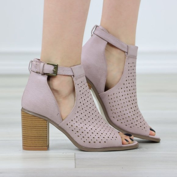 Peep Toe Mauve Faux Leather Heeled Ankle Booties - Picture 3 of 11